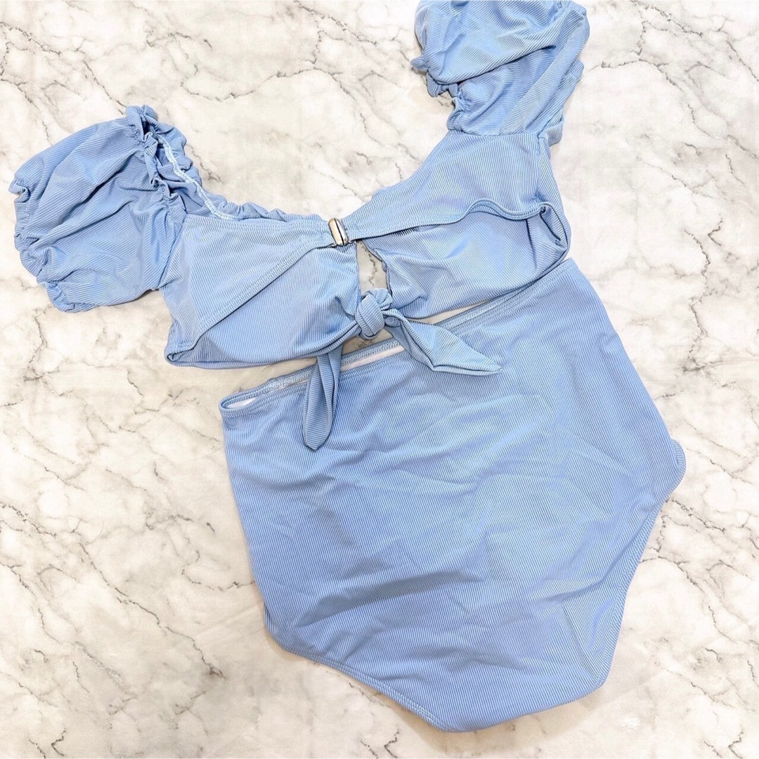 水着 レディース オフショル L  ブルー  ビキニ  体系カバー ハイウェスト レディースの水着/浴衣(水着)の商品写真