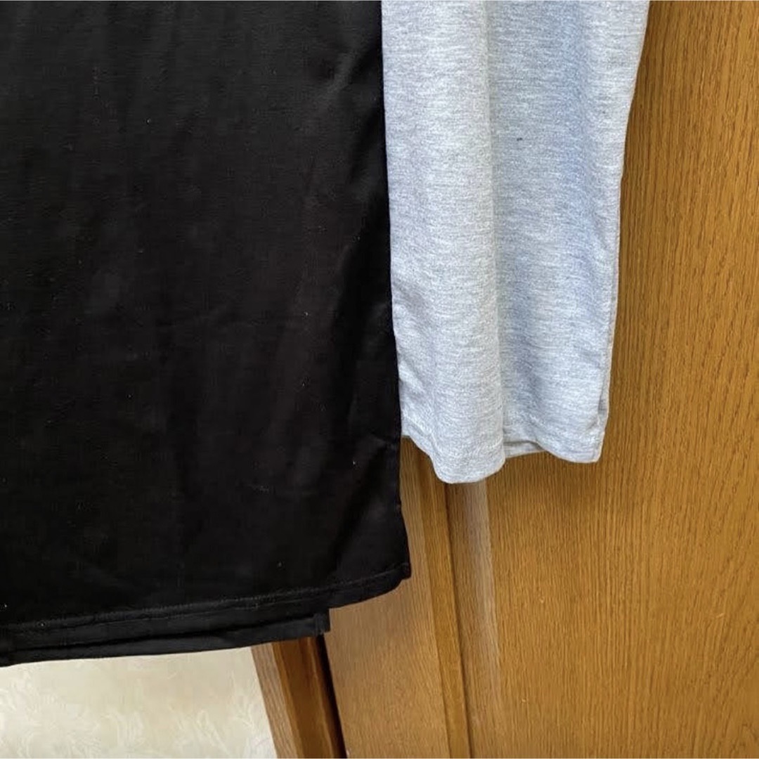 XL 長袖 ワンピース 薄手 ブラック グレー バイカラー アシンメトリー  レディースのワンピース(ひざ丈ワンピース)の商品写真