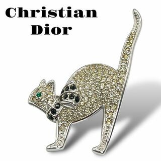 クリスチャンディオール(Christian Dior)の美品 Christian Dior ブローチ ネコ キャット ラインストーン 銀(ブローチ/コサージュ)