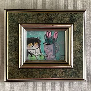 絵画。原画【かわいい黒猫はピンクのチューリップと青リンゴが好き】(絵画/タペストリー)