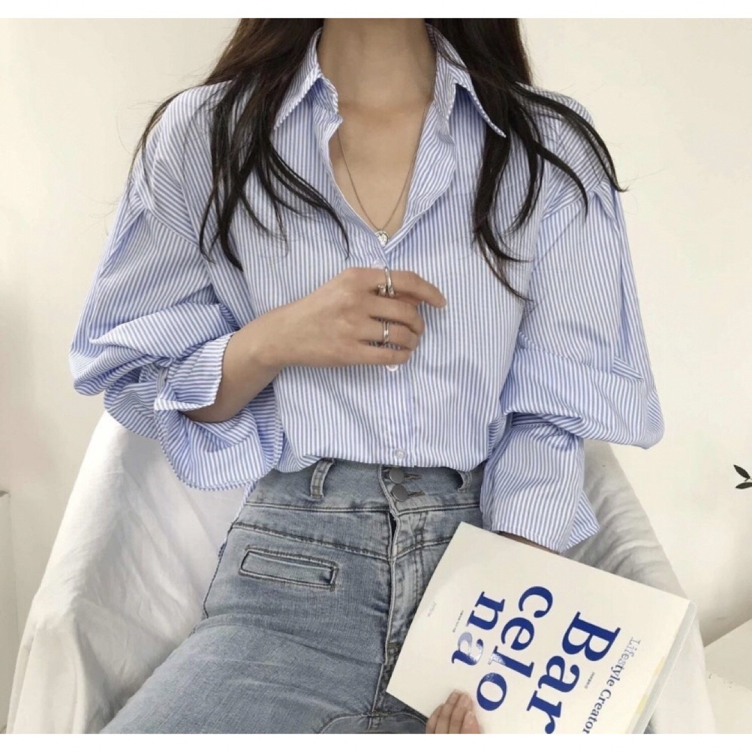 ストライプシャツ 袖口フリル  Mサイズ  キャンディースリーブシャツ  韓国　 レディースのトップス(シャツ/ブラウス(長袖/七分))の商品写真