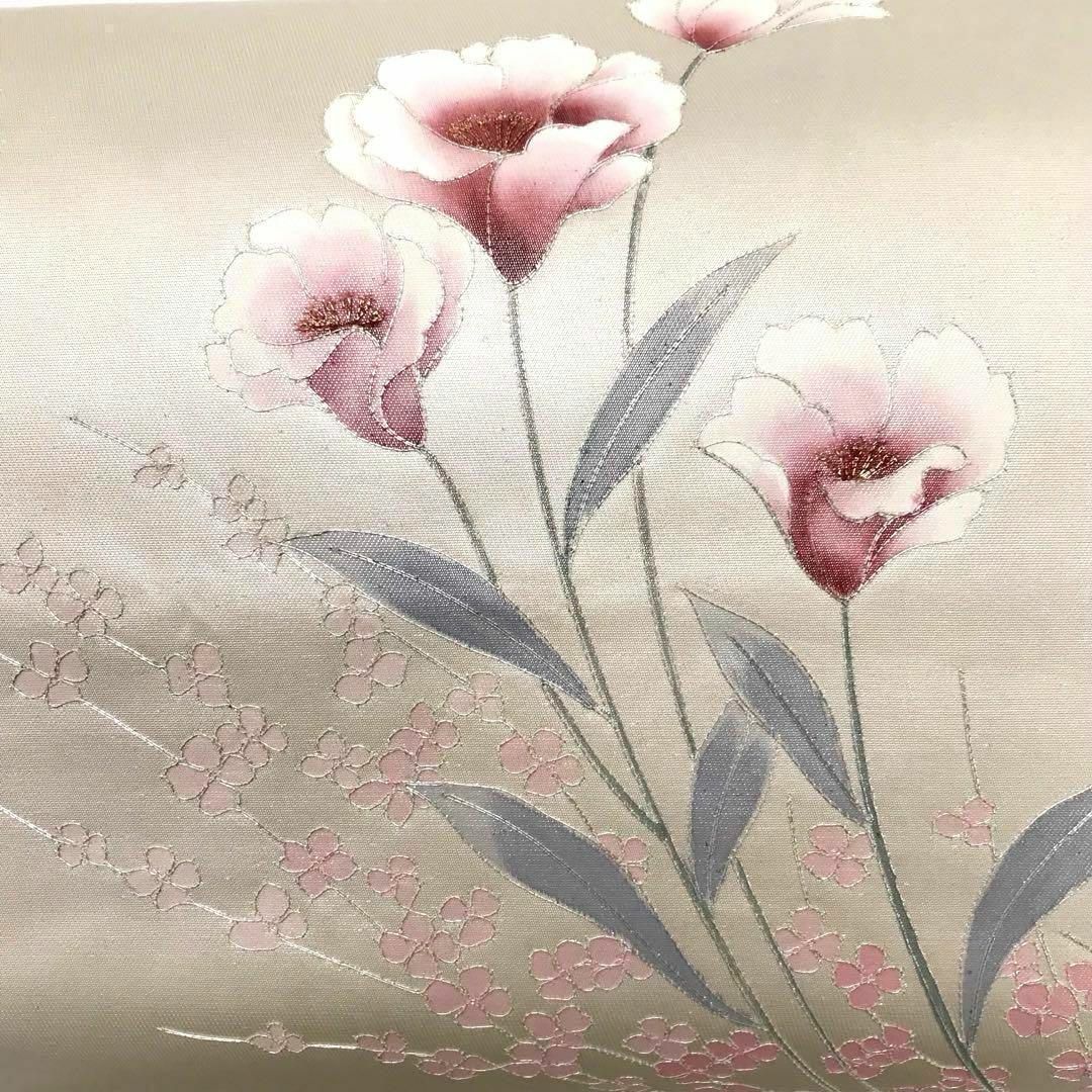 名古屋帯 美しい草花と小花柄 銀駒刺繍 光沢のある白地 着物 RO-5147 レディースの水着/浴衣(着物)の商品写真