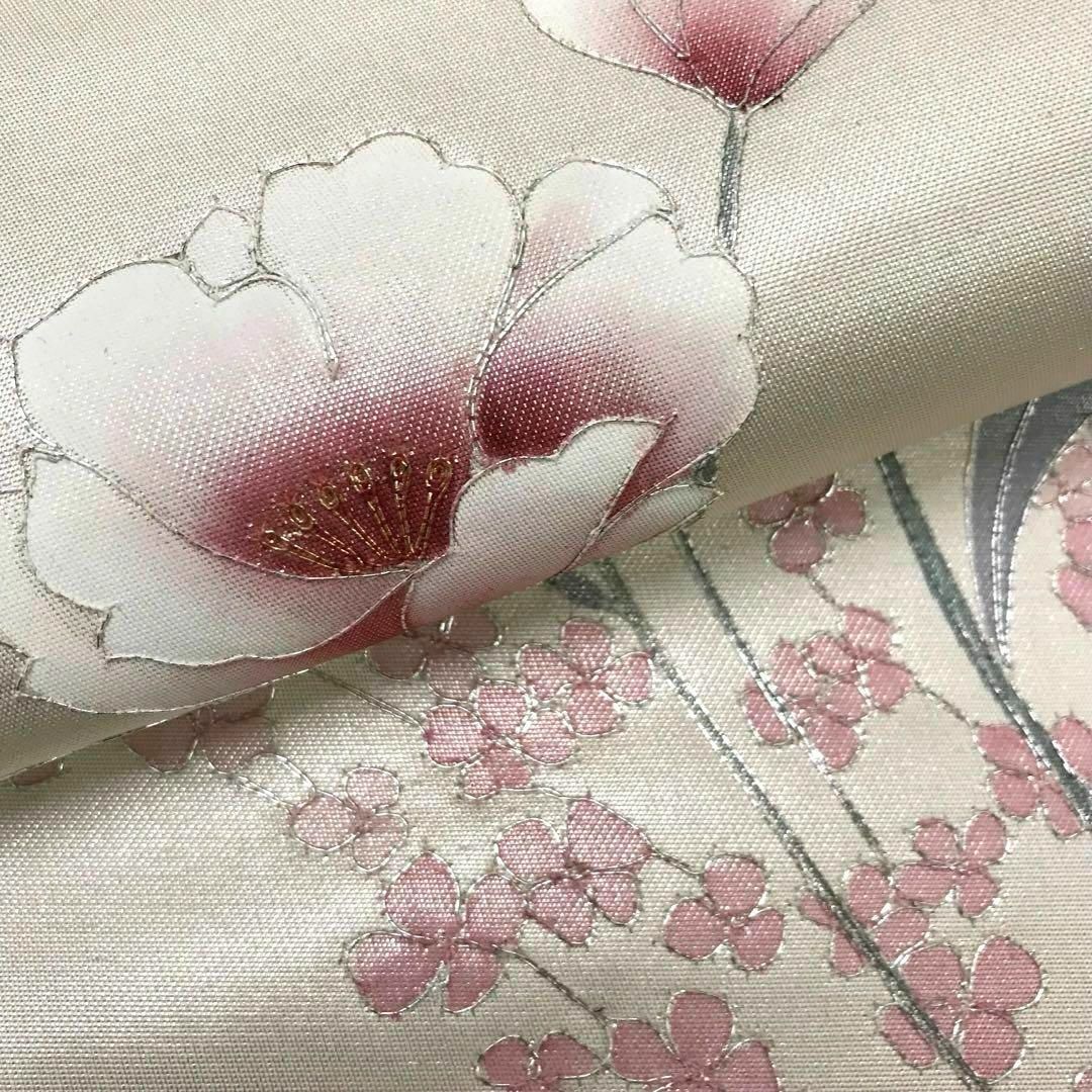 名古屋帯 美しい草花と小花柄 銀駒刺繍 光沢のある白地 着物 RO-5147 レディースの水着/浴衣(着物)の商品写真