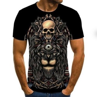 【人気商品】メンズ　Tシャツ　ブラック　L　3D　プリント　骸骨　ライオン(Tシャツ/カットソー(半袖/袖なし))