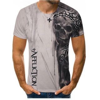 【人気商品】メンズ　Tシャツ　グレー　L　3D　プリント　骸骨　丸首(Tシャツ/カットソー(半袖/袖なし))