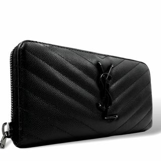 イヴサンローラン(Yves Saint Laurent)の良品 サンローラン 長財布 キャビアスキン YSLロゴ ラウンドジップ 黒(財布)