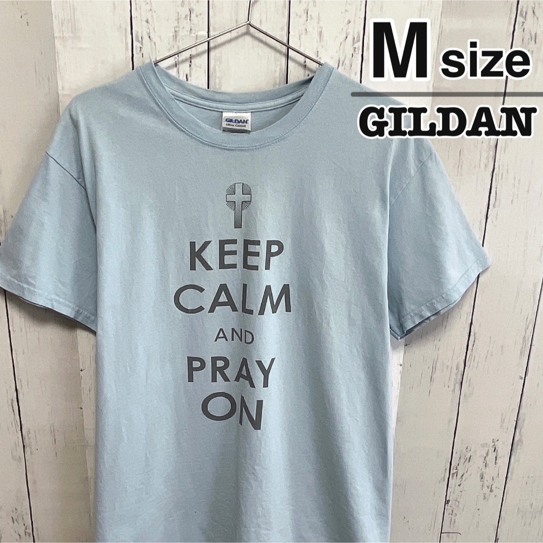 GILDAN(ギルタン)のUSA古着　GILDAN　Tシャツ　M　ライトブルー　水色　プリント　十字架 メンズのトップス(Tシャツ/カットソー(半袖/袖なし))の商品写真