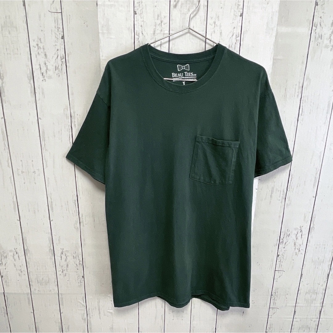 USA古着　Tシャツ　L　ダークグリーン　緑　胸ポケット　プリント　コットン メンズのトップス(Tシャツ/カットソー(半袖/袖なし))の商品写真