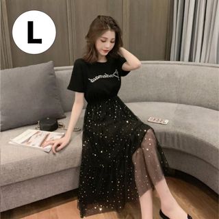 ワンピース 黒 L 半袖 チュール シアー 春 夏 レディース Tシャツ 韓国(ひざ丈ワンピース)