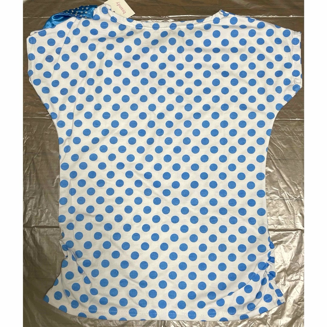 新品 サテンストーンBIGリボン付き ドット 水玉 カットソー 水色 送料無料 レディースのトップス(Tシャツ(半袖/袖なし))の商品写真