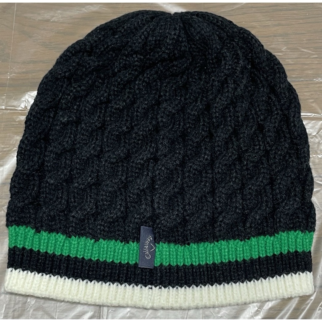 Callaway(キャロウェイ)の美品 キャロウェイ ニット帽 ブラック グリーン&ホワイトライン ゴルフ送料無料 レディースの帽子(ニット帽/ビーニー)の商品写真