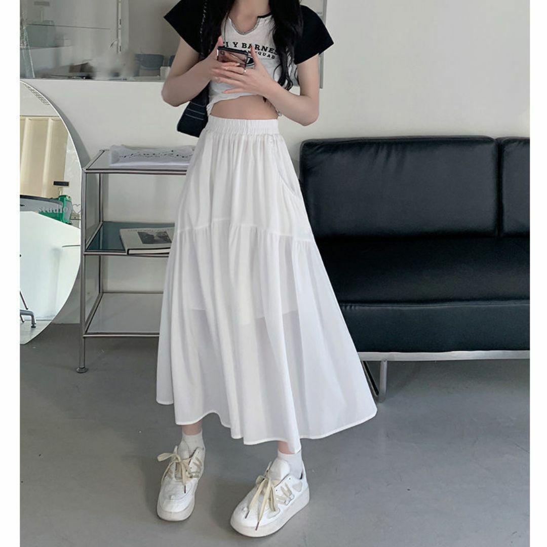 ロングスカート　L　ギャザー切り替え　白　ホワイト　Aライン　4色 レディースのスカート(ロングスカート)の商品写真