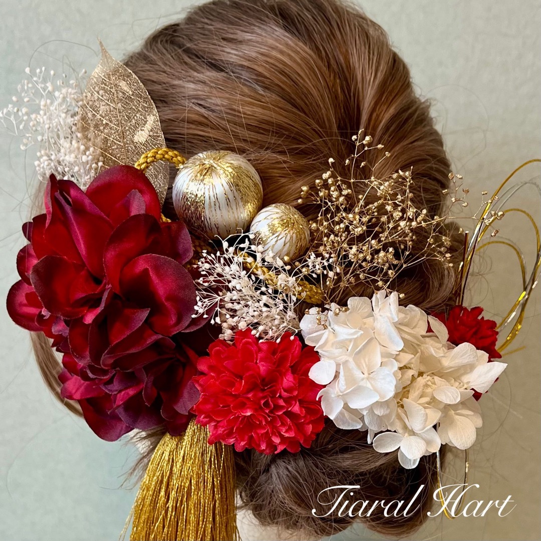 髪飾り 和装  成人式 Bダークレッド ⭐︎  ドライフラワー 結婚式 打掛 レディースのヘアアクセサリー(ヘアピン)の商品写真