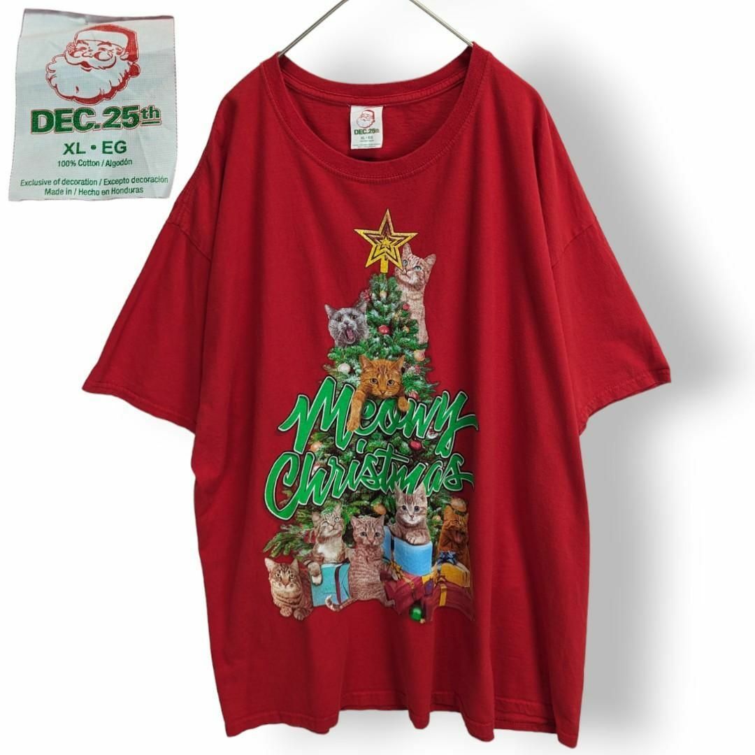 US古着 DEC.25th オーバーサイズ Tシャツ 猫 クリスマス ツリー メンズのトップス(Tシャツ/カットソー(半袖/袖なし))の商品写真