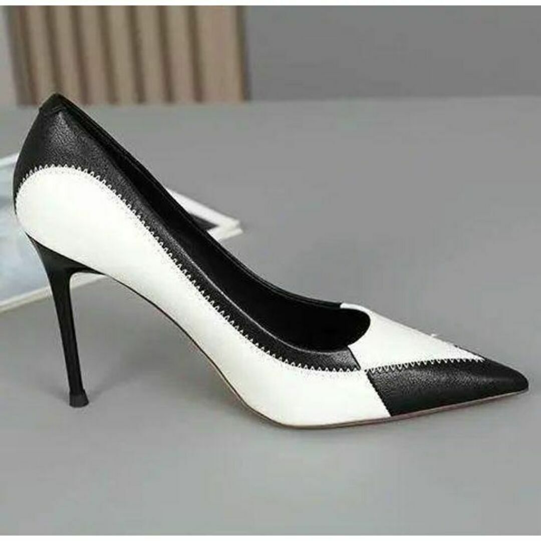 サイズ38 （24.0） ＰＵレザー　白×黒 ハイヒール　パンプス24 レディースの靴/シューズ(ハイヒール/パンプス)の商品写真