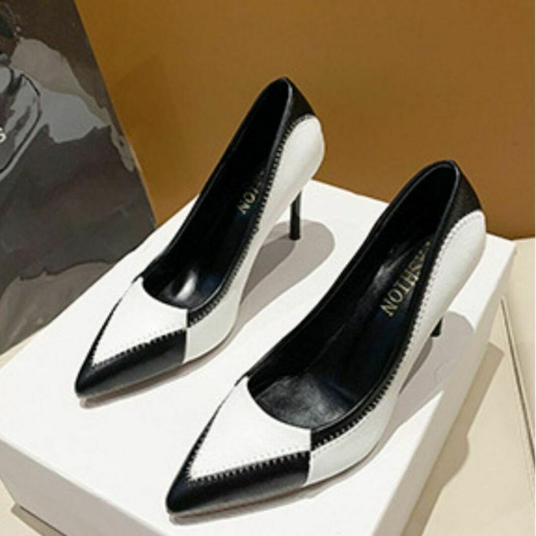 サイズ39 （24.5） ＰＵレザー　白×黒 ハイヒール　パンプス23.5 レディースの靴/シューズ(ハイヒール/パンプス)の商品写真
