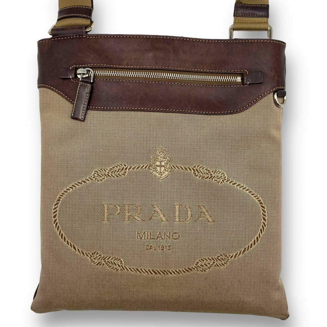 PRADA(プラダ)の良品 PRADA ショルダーバッグ 斜め掛け ロゴ ジャガード キャンバス 茶 レディースのバッグ(ショルダーバッグ)の商品写真