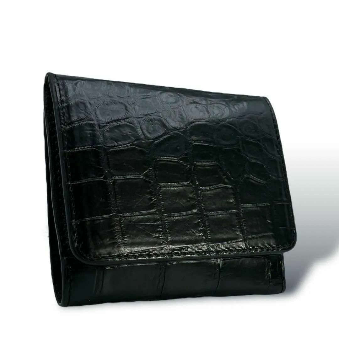 未使用保管品 クロコダイル 折り財布 コンパクト マット加工 ブラック レディースのファッション小物(財布)の商品写真