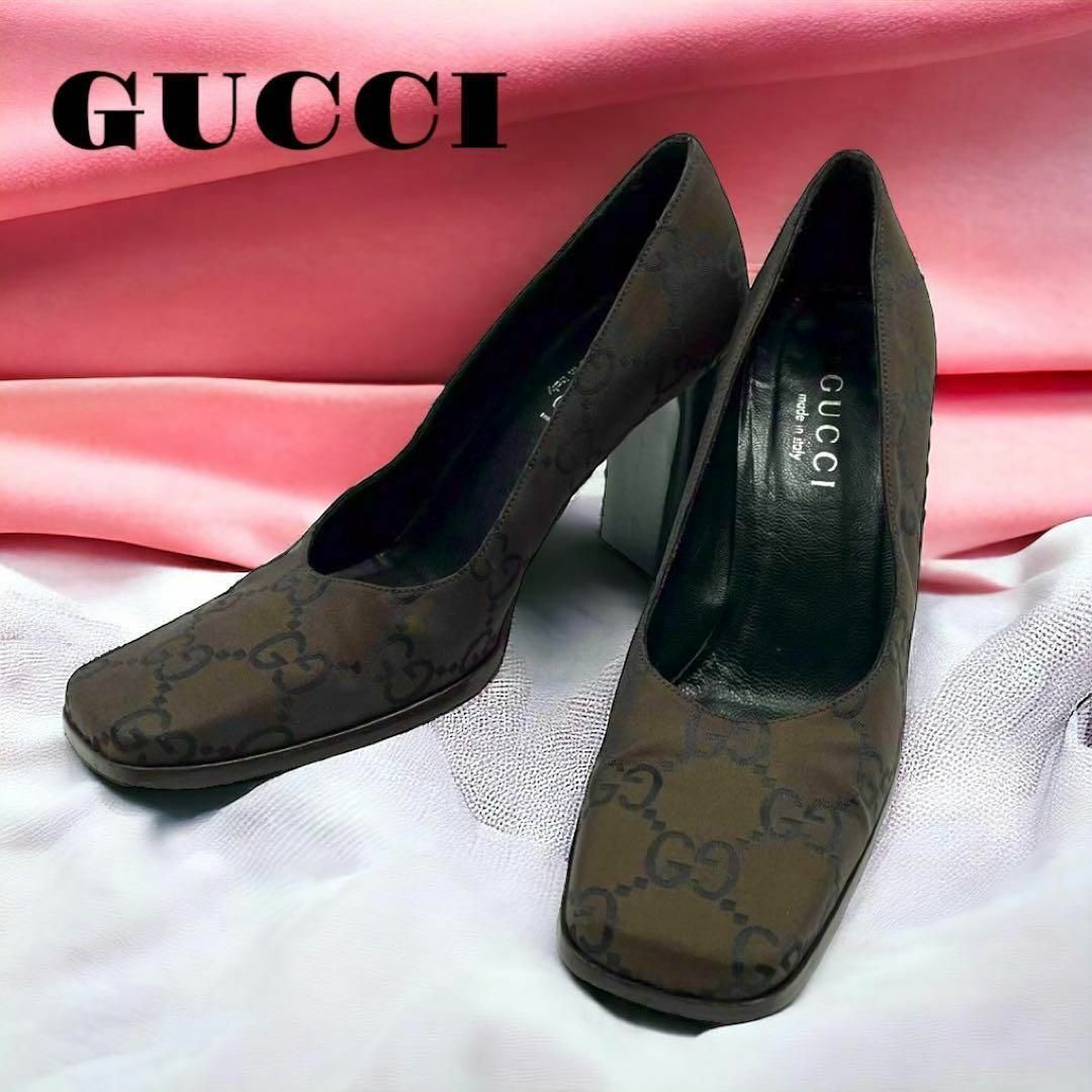 Gucci(グッチ)の良品 GUCCI パンプス ヒール スクエアトゥ GG柄 ブラウン 23.5㎝ レディースの靴/シューズ(ハイヒール/パンプス)の商品写真