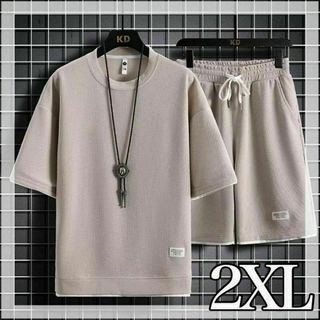 2XL セットアップ 部屋着 パジャマ シャツ 半袖　ベージュ 上下セット(その他)