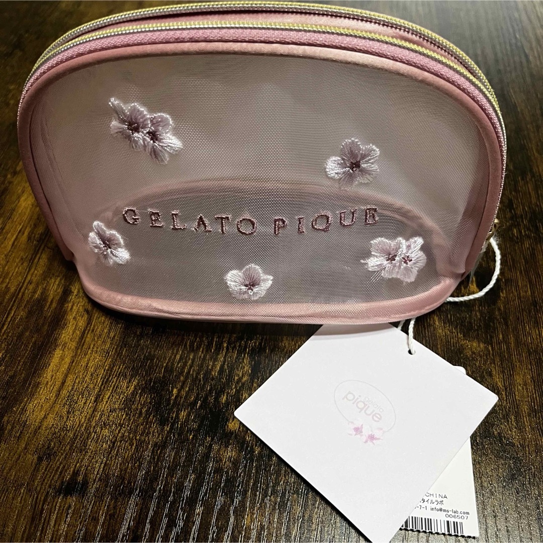 gelato pique(ジェラートピケ)のbaiyaジェラートピケメッシュポーチピンクさくら刺繍新品タグ付きレディース レディースのファッション小物(ポーチ)の商品写真