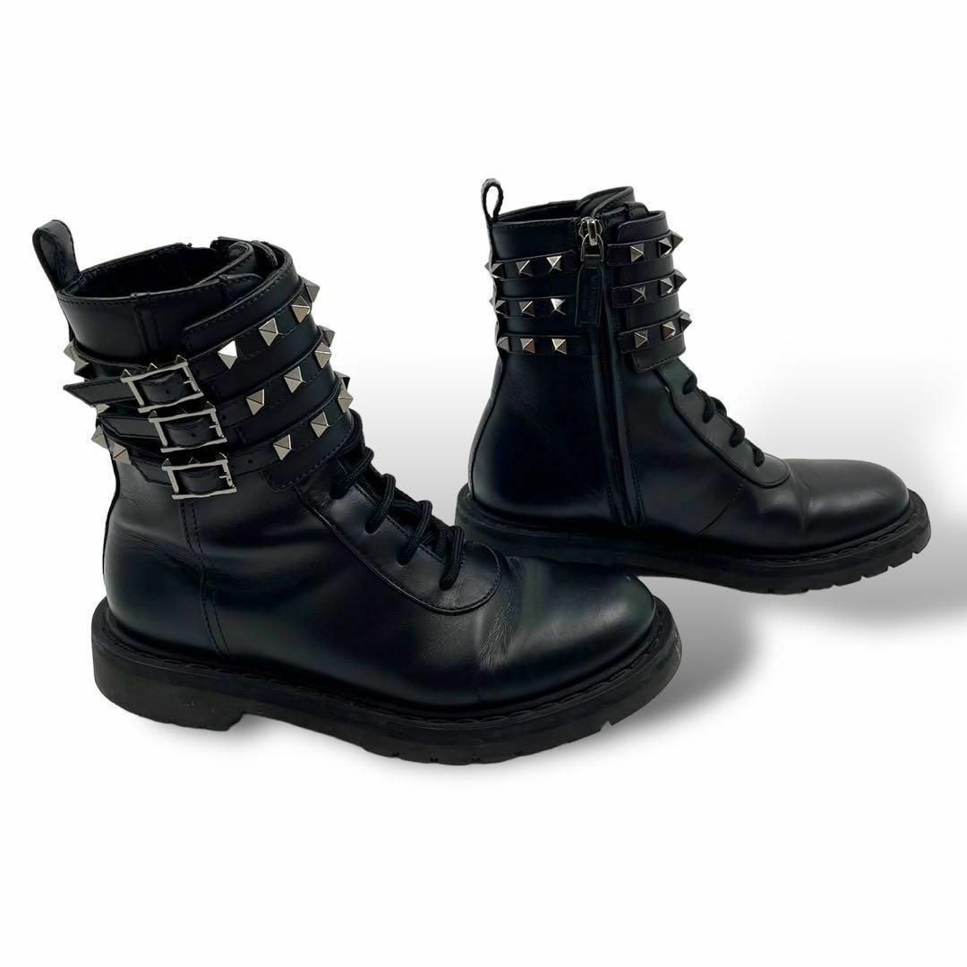 VALENTINO(ヴァレンティノ)の美品 VALENTINO レザー ブーツ スパイク スタッズ サイドジップ 黒 レディースの靴/シューズ(ブーツ)の商品写真