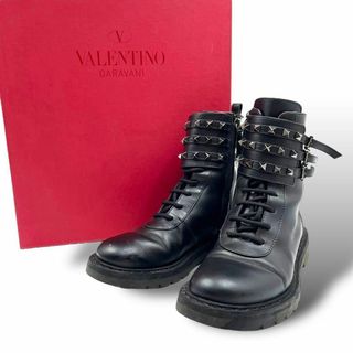 ヴァレンティノ(VALENTINO)の美品 VALENTINO レザー ブーツ スパイク スタッズ サイドジップ 黒(ブーツ)