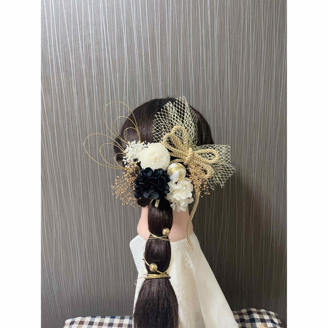 ブラックドライフラワー和玉水引髪飾り和装結婚式卒業式成人式前撮りヘッドパーツ レディースのヘアアクセサリー(ヘアピン)の商品写真