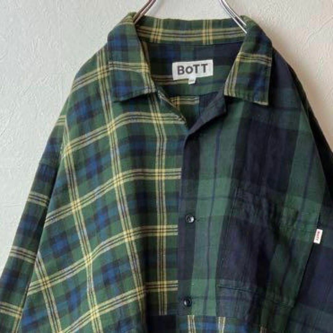 【人気グリーン】BoTTフランネルシャツ古着マルチカラー切替オーバーサイズ メンズのトップス(シャツ)の商品写真
