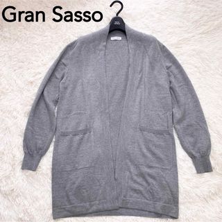 グランサッソ(GRAN SASSO)の美品 グランサッソ ボタンレス ショールカラー ロングカーディガン グレー 46(カーディガン)