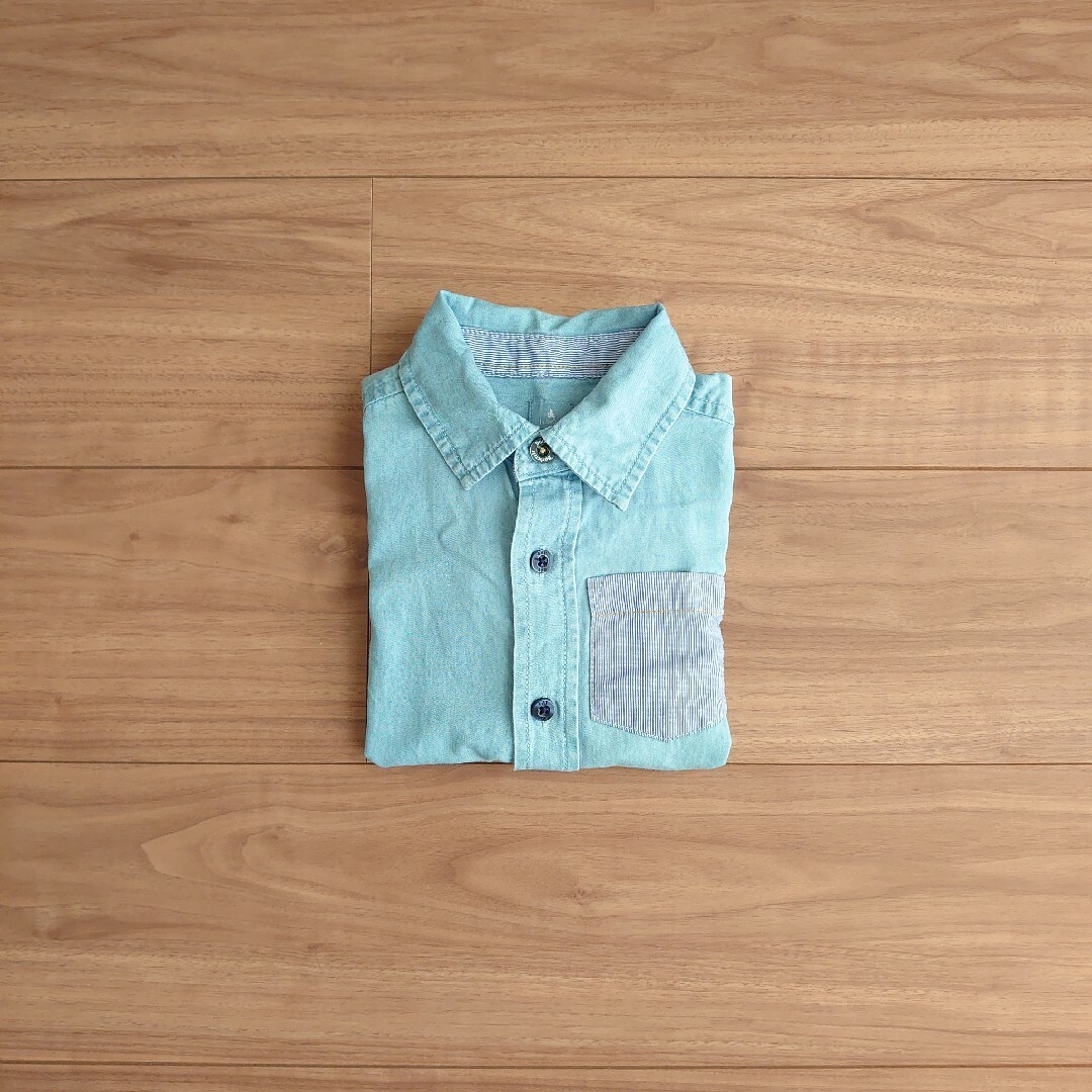 babyGAP(ベビーギャップ)の最終価格 ベビーギャップ 長袖シャツ デニムシャツ 水色 ストライプ 90 キッズ/ベビー/マタニティのキッズ服男の子用(90cm~)(カーディガン)の商品写真