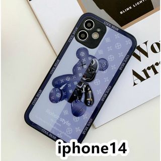 iphone14ケース　熊　ガラス 耐衝撃ブルー310(iPhoneケース)
