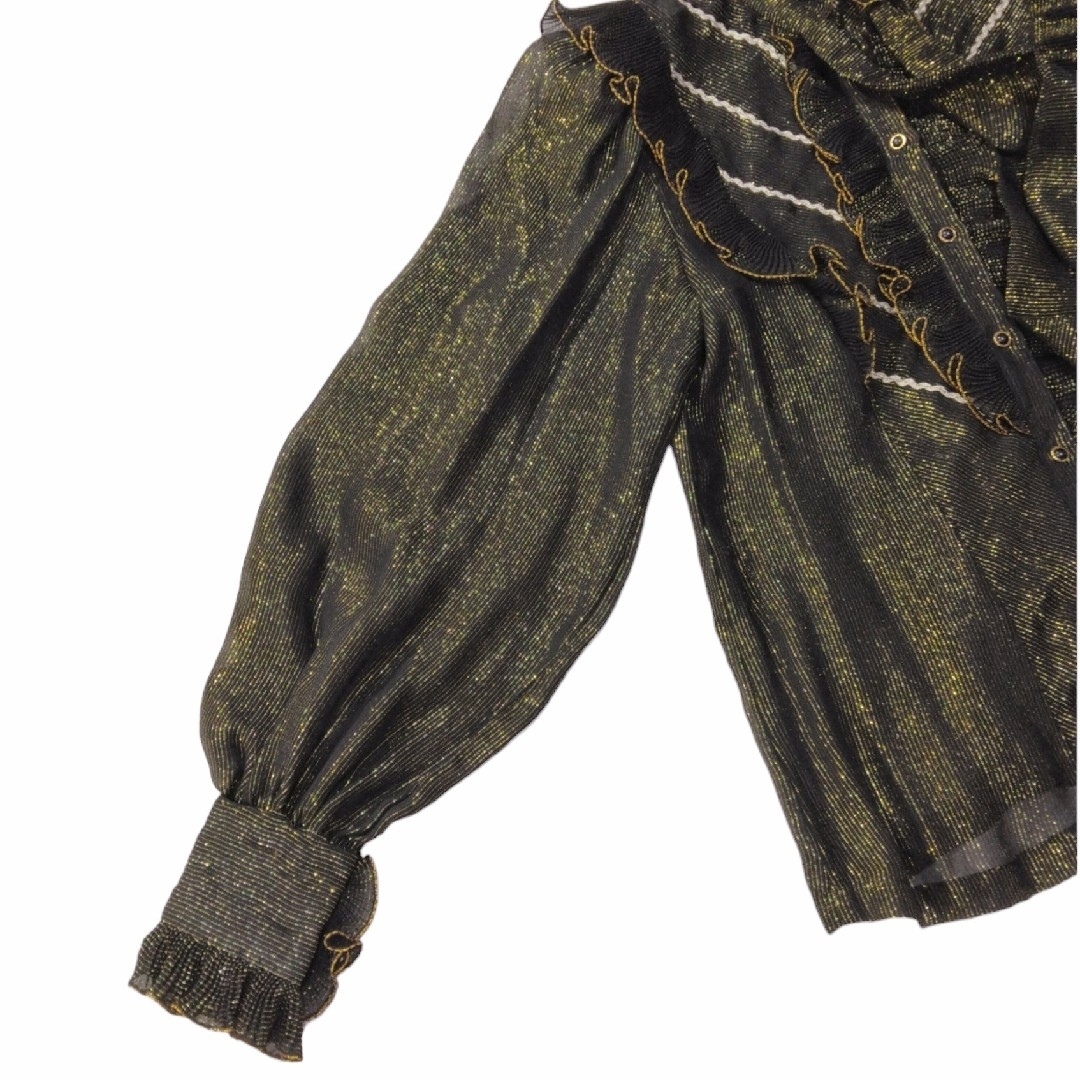 ヴィンテージ ✿ ボウタイ シースルー ブラウス ゴールド 黒 ラメ レトロ レディースのトップス(シャツ/ブラウス(長袖/七分))の商品写真