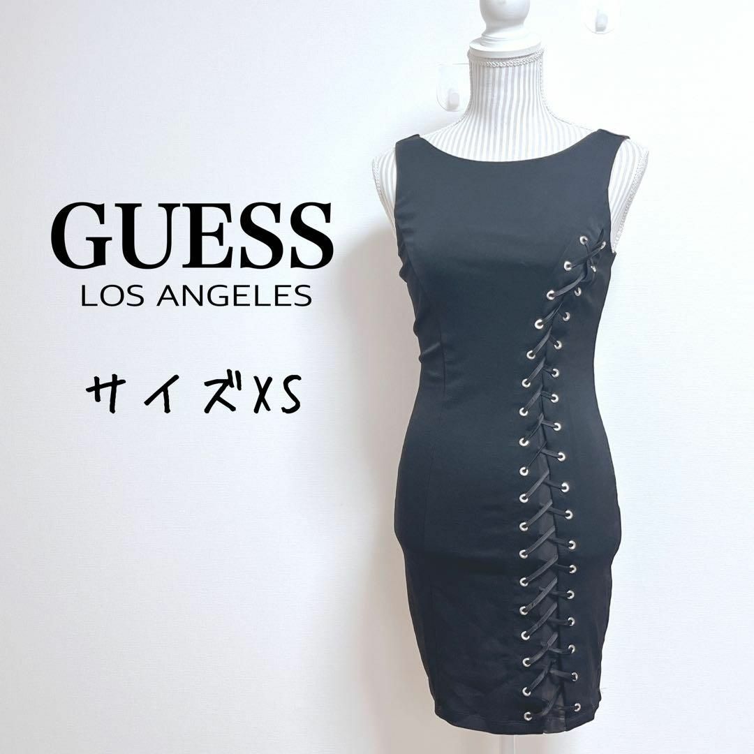 GUESS(ゲス)のゲス　ノースリーブレースアップタイトワンピース【XS】セクシー　ボディライン　黒 レディースのワンピース(ミニワンピース)の商品写真