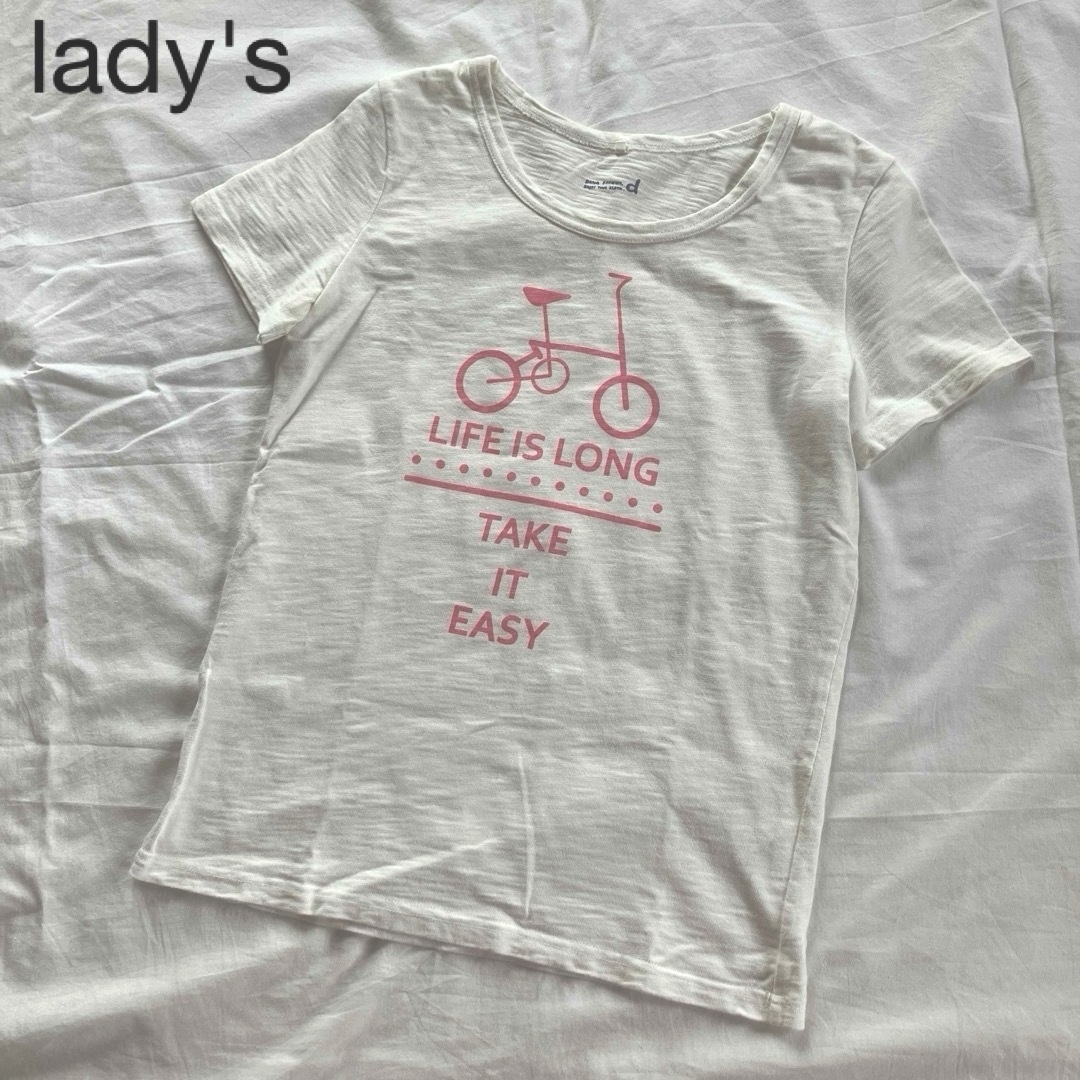 レディース Tシャツ 白T 半袖Tシャツ 自転車 ピンク ロゴ レディースのトップス(Tシャツ(半袖/袖なし))の商品写真