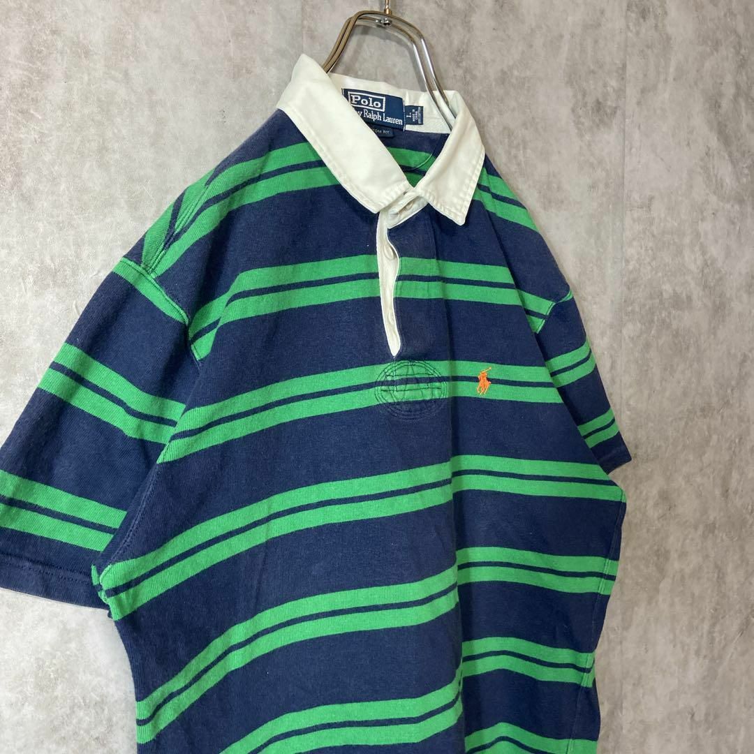 【ボーダー、グリーン】ラルフローレン古着ワンポイント刺繍ロゴ緑ポロシャツL半袖 メンズのトップス(ポロシャツ)の商品写真