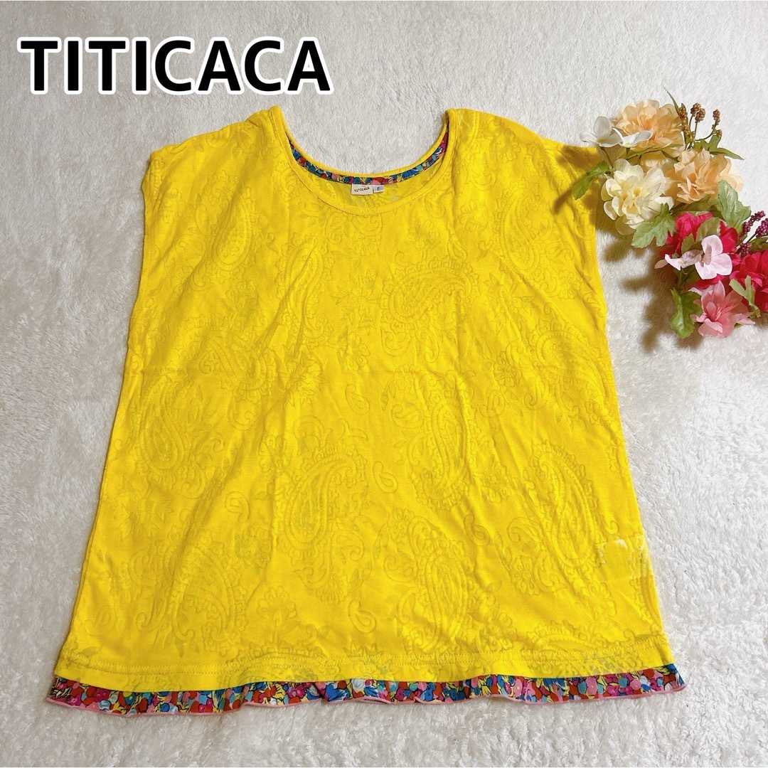 titicaca(チチカカ)のチチカカ 袖なしカットソーイエロー 薄手 透かし柄 ボタニカル柄  フリーサイズ レディースのトップス(Tシャツ(半袖/袖なし))の商品写真