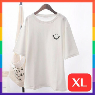 スマイル ワンポイント Tシャツ ゆったり 大きめ オーバーサイズ 白 XL(Tシャツ(半袖/袖なし))