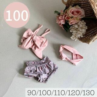 【100cm】フラワー　リボン　スイムウェア　ピンク　水着　花柄　韓国子供服(水着)