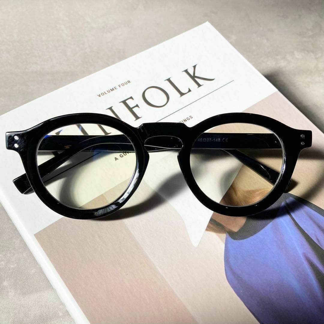 ブルーライトカット 伊達メガネ ツヤあり　眼鏡 黒縁 太フレーム ボストン 黒 メンズのファッション小物(サングラス/メガネ)の商品写真
