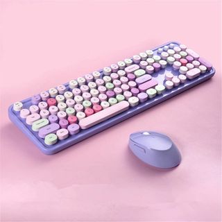 【色: 紫混色】可愛い キーボードマウスセット かわいい カラフル 2.4Gレシ(PC周辺機器)