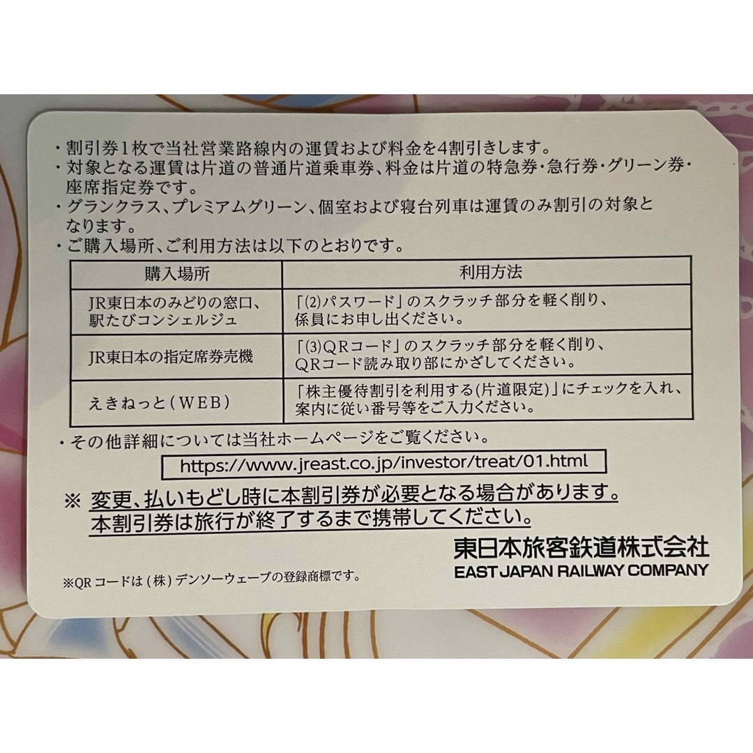 JR東日本　株主優待１枚　6/30迄 チケットの乗車券/交通券(鉄道乗車券)の商品写真