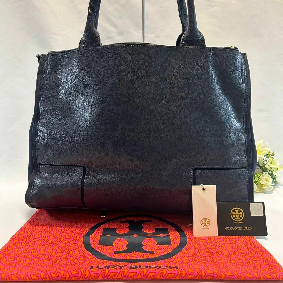 Tory Burch(トリーバーチ)の【美品】トリーバーチ エラ トートバッグ ネイビー レザー×キャンバス A4可 レディースのバッグ(トートバッグ)の商品写真