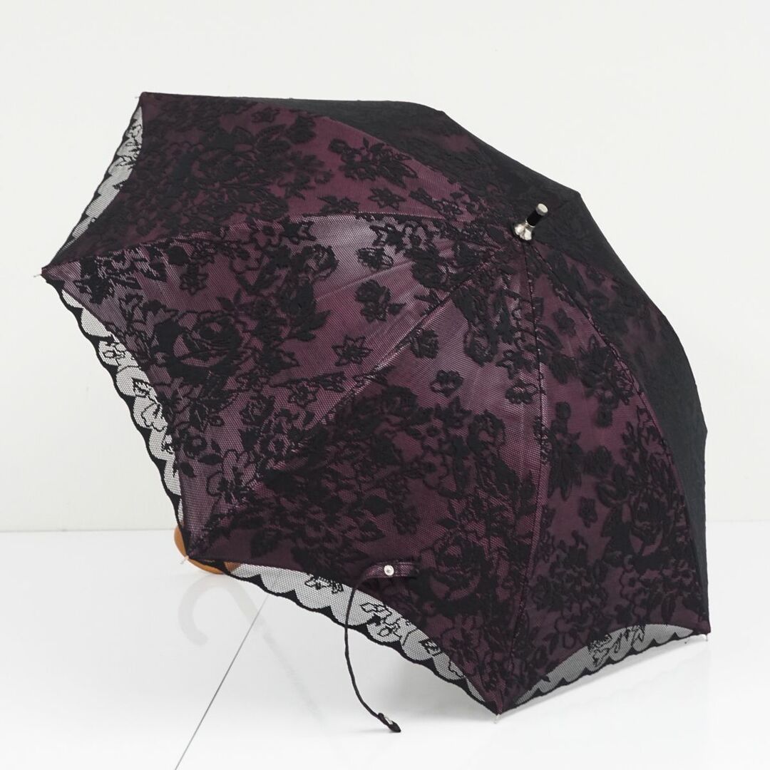 日傘 ブロンズ USED美品 フラワー レース 黒 パープル×ブラック 晴雨兼用 UV 遮光 遮熱 45cm A0578 レディースのファッション小物(傘)の商品写真