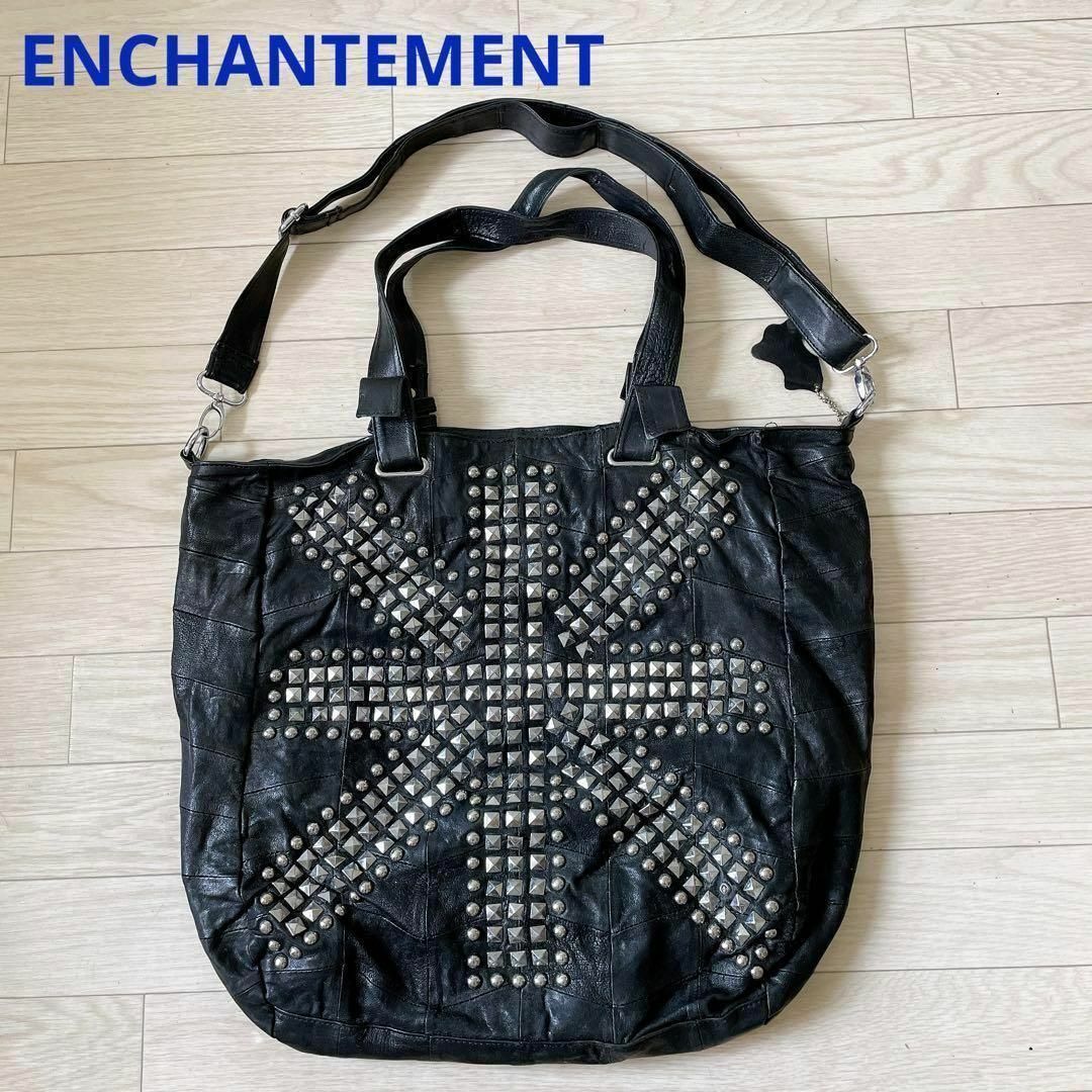 enchantepetit(アンシャンテプティ)のENCHANTEMENT 黒レザー トートバッグ 2way スタッズ飾り レディースのバッグ(トートバッグ)の商品写真