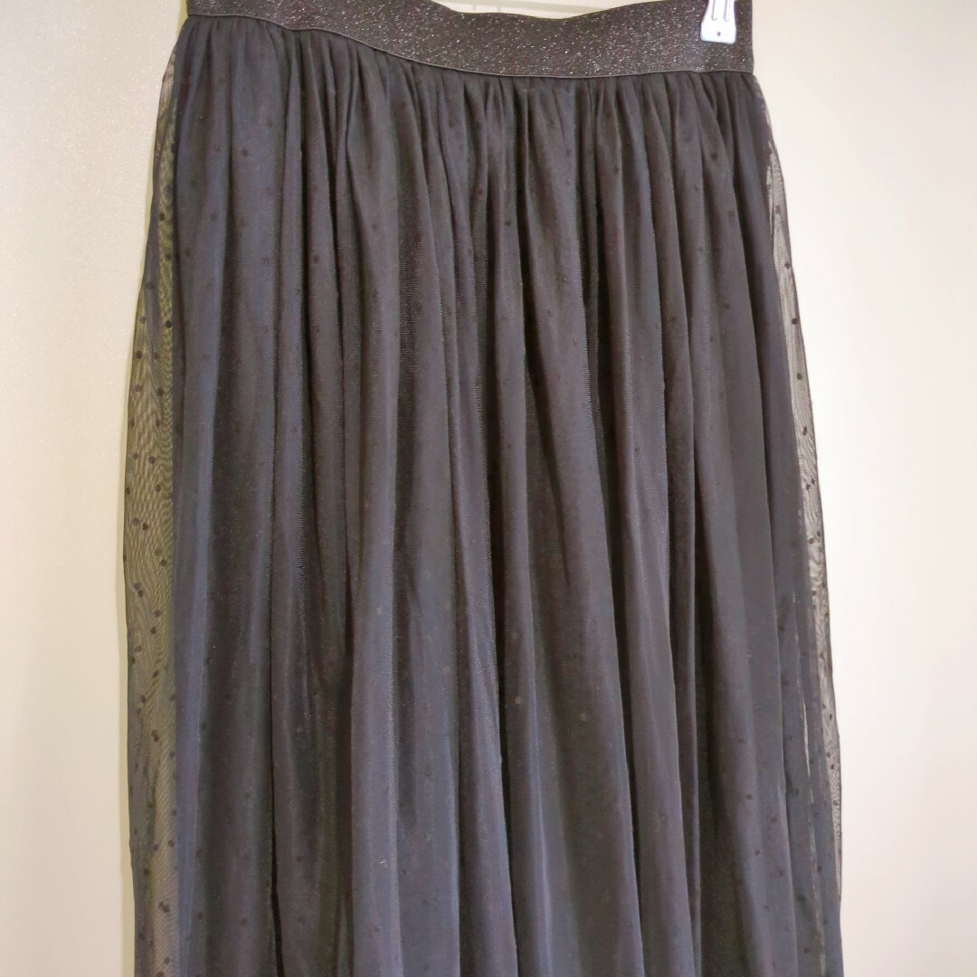 チュール ドット シフォン ロング スカート シアー 水玉 ブラック フレア L レディースのスカート(ロングスカート)の商品写真