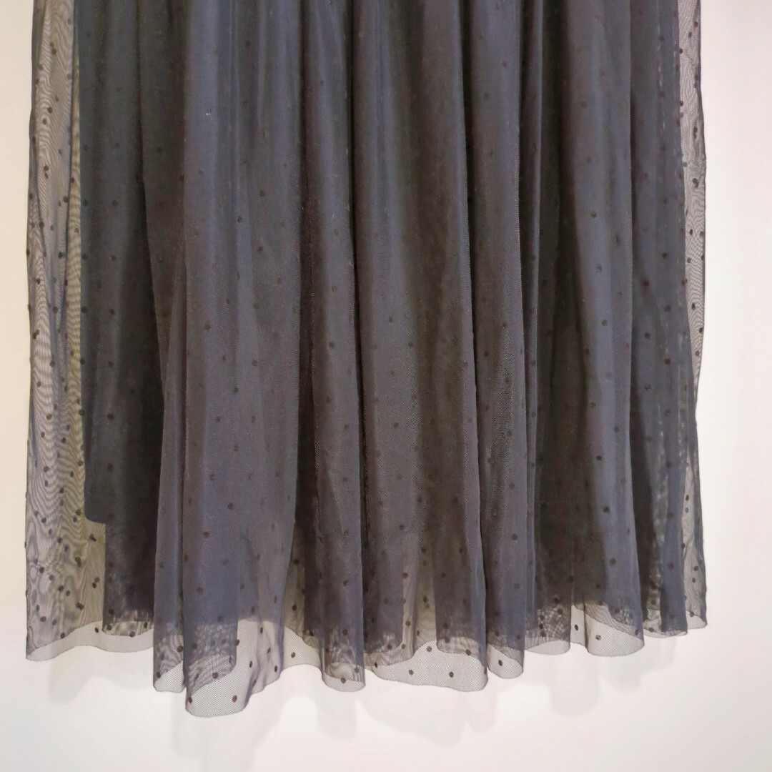 チュール ドット シフォン ロング スカート シアー 水玉 ブラック フレア L レディースのスカート(ロングスカート)の商品写真