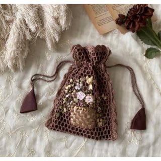 グリモワール(Grimoire)のvintageヴィンテージレトロ花フラワー刺繍レース編み巾着ポーチ(ポーチ)