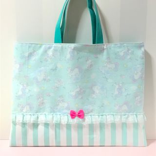 ハンドメイド ●レッスンバッグ●絵本バッグ●ミント・ユニコーンうさぎ×ストライプ(レッスンバッグ)