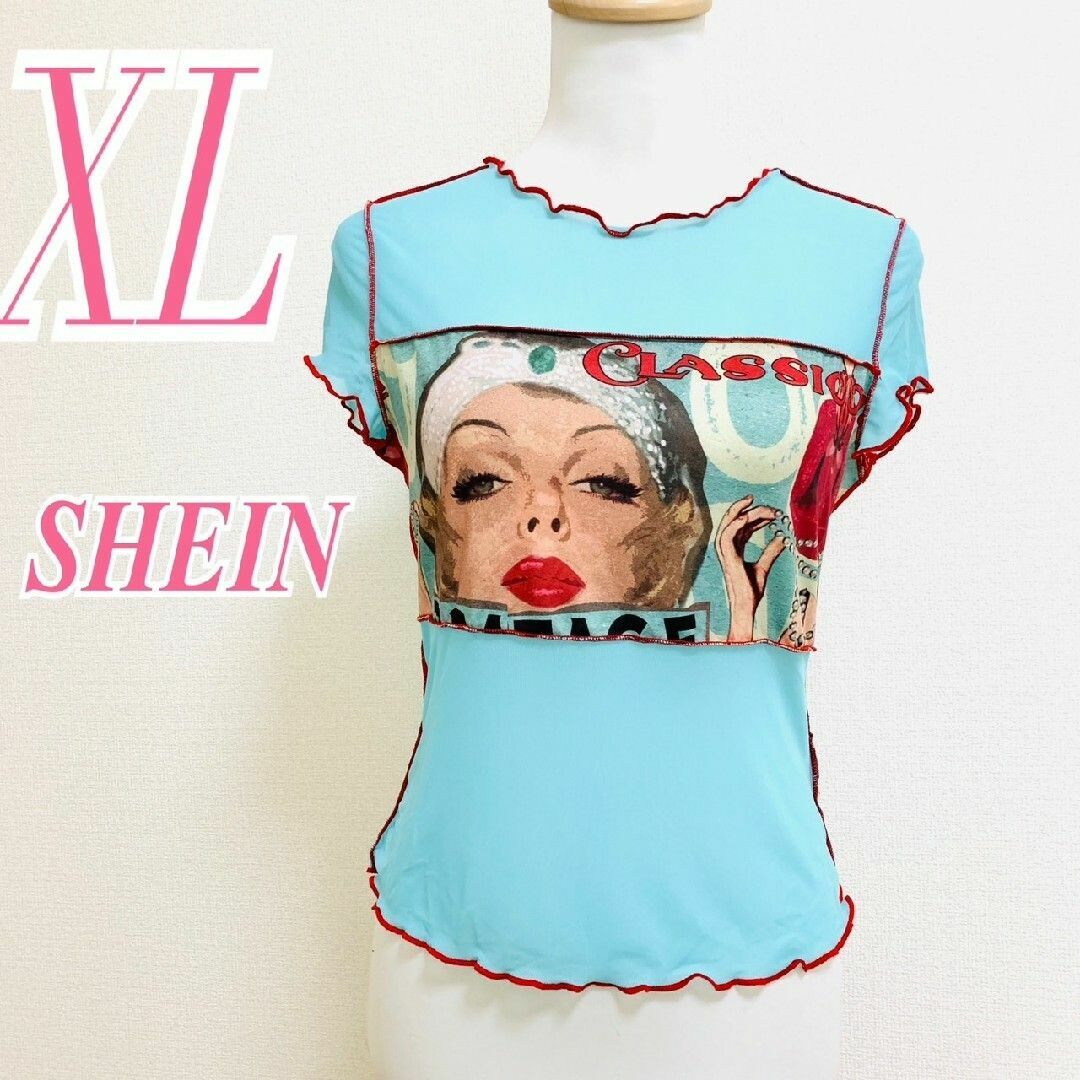 SHEIN(シーイン)のシーイン　半袖カットソー　XL　ブルー　プリント　メロウ　※ケアタグなし レディースのトップス(Tシャツ(半袖/袖なし))の商品写真